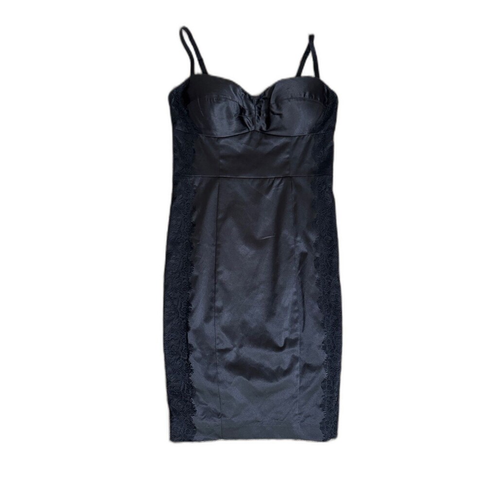 Y2K Guess Black Bodycon Satin Slip Dress Lace Panels size 9 Party Retro Concert
